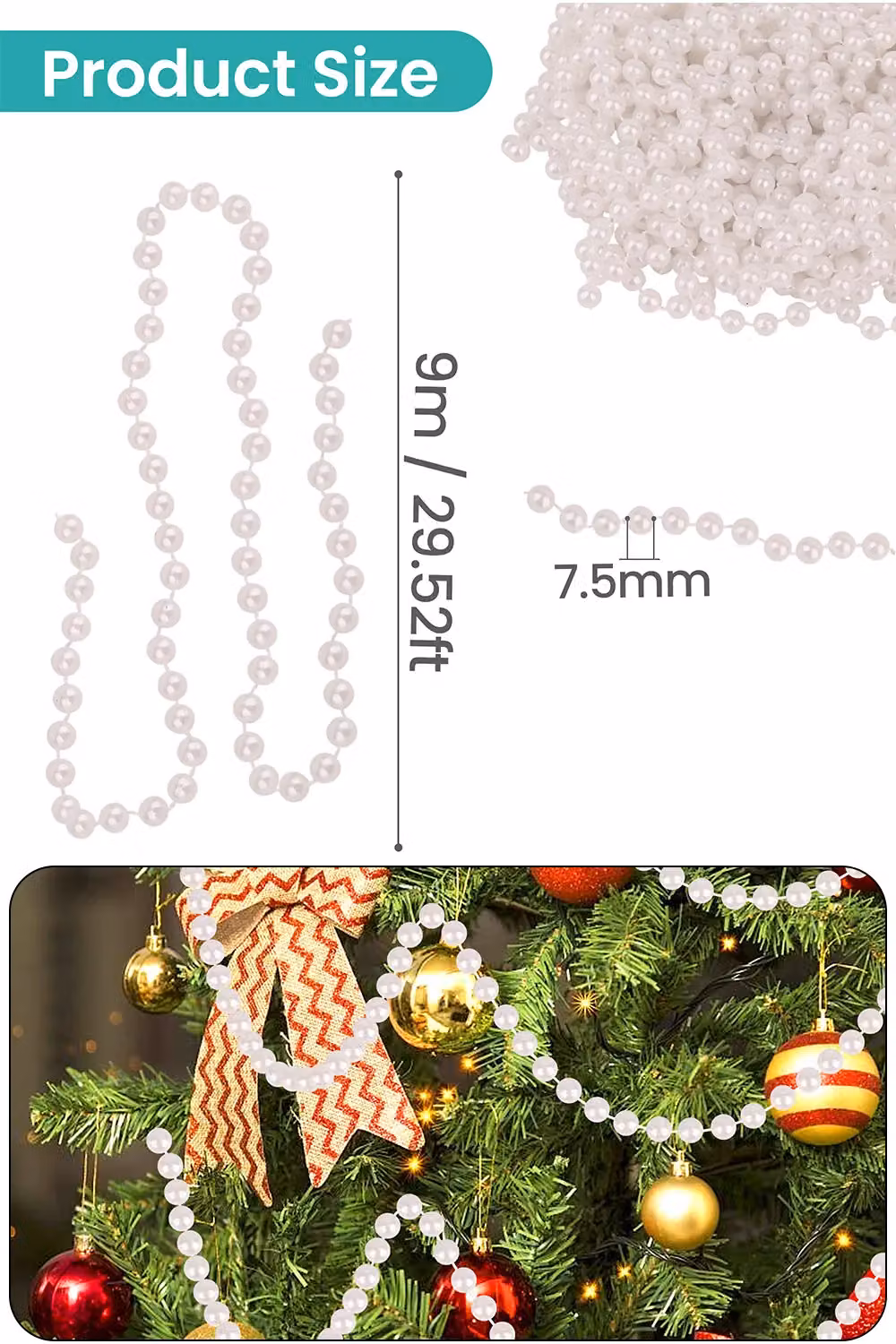 Neel Blue 9m Metallic Christmas Bead Chain, 7.5mm Shiny Pearl Garland in White and Blue – 2