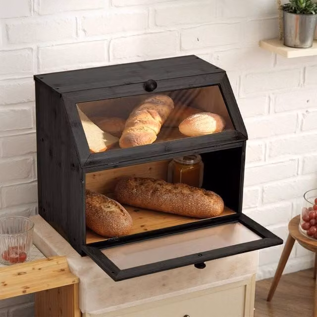 Kelvenix Black Bamboo Bread Bin with Transparent Window