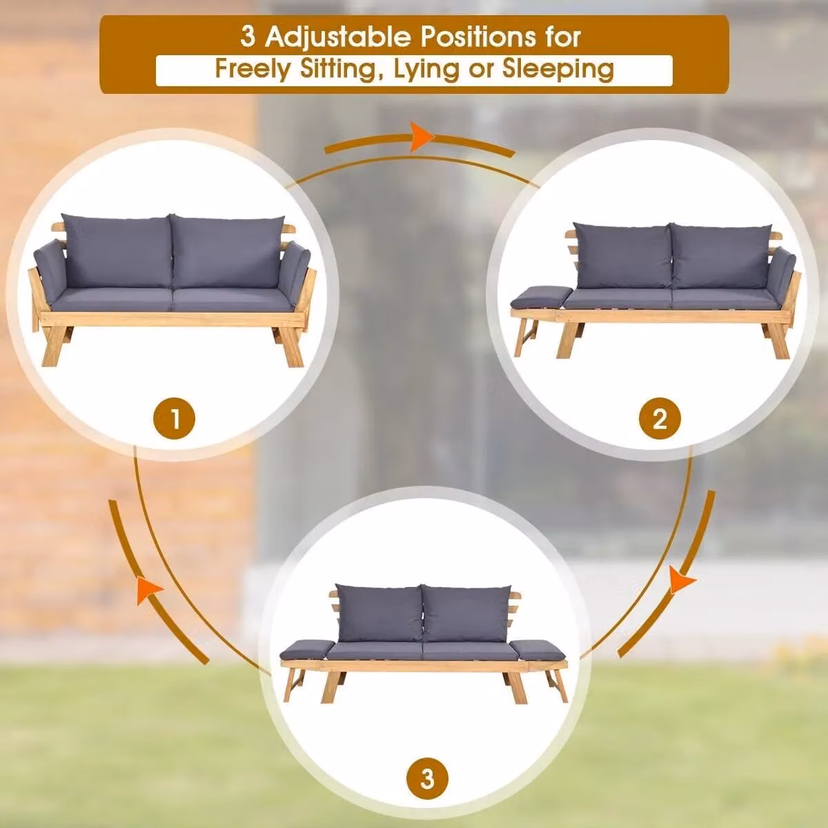 Gymax Grey Acacia Wood Outdoor Daybed Folding Chaise Lounge Sofa Bed with Armrests – 9