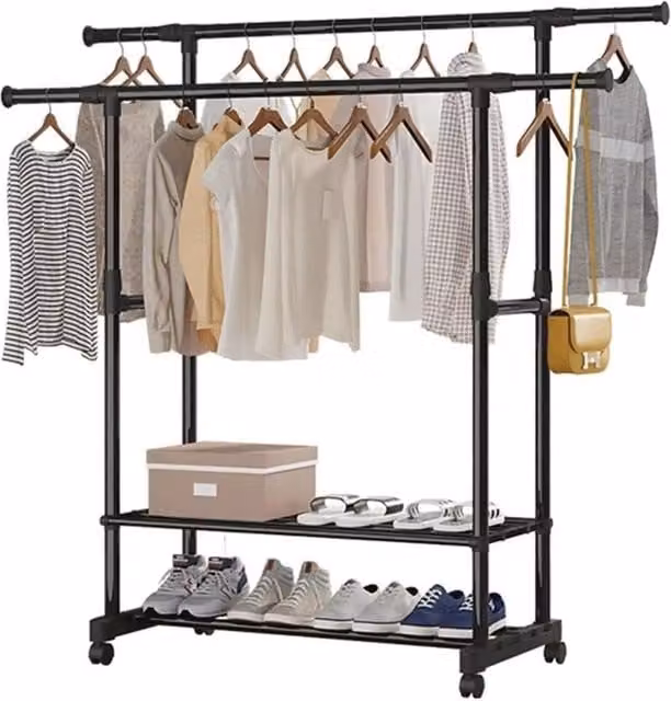 Hinsinc Double Rod Clothes Rail with Shelves and Shoe Rack in Matt Black, Width: 50 cm – 1