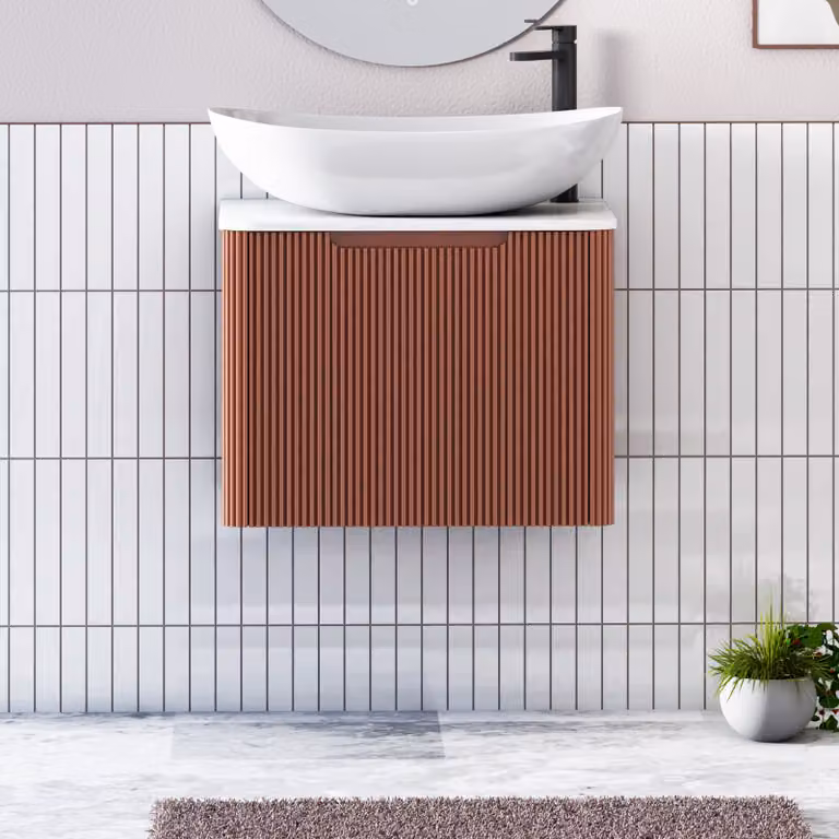 Royal Bathrooms Avenza 600mm Wall Hung Vanity Unit in Terracotta with Plain White Worktop and Cesar Basin
