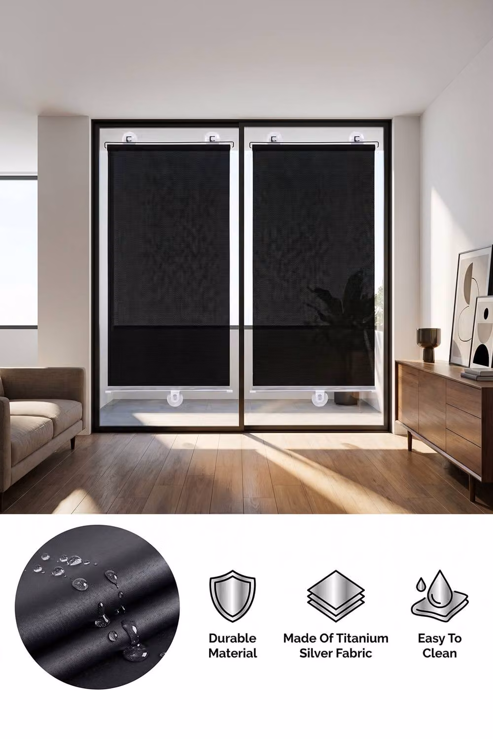 Living and Home Set of 2 Blackout Roller Blinds in Black and Silver, H 125 cm x W 70 cm – 3