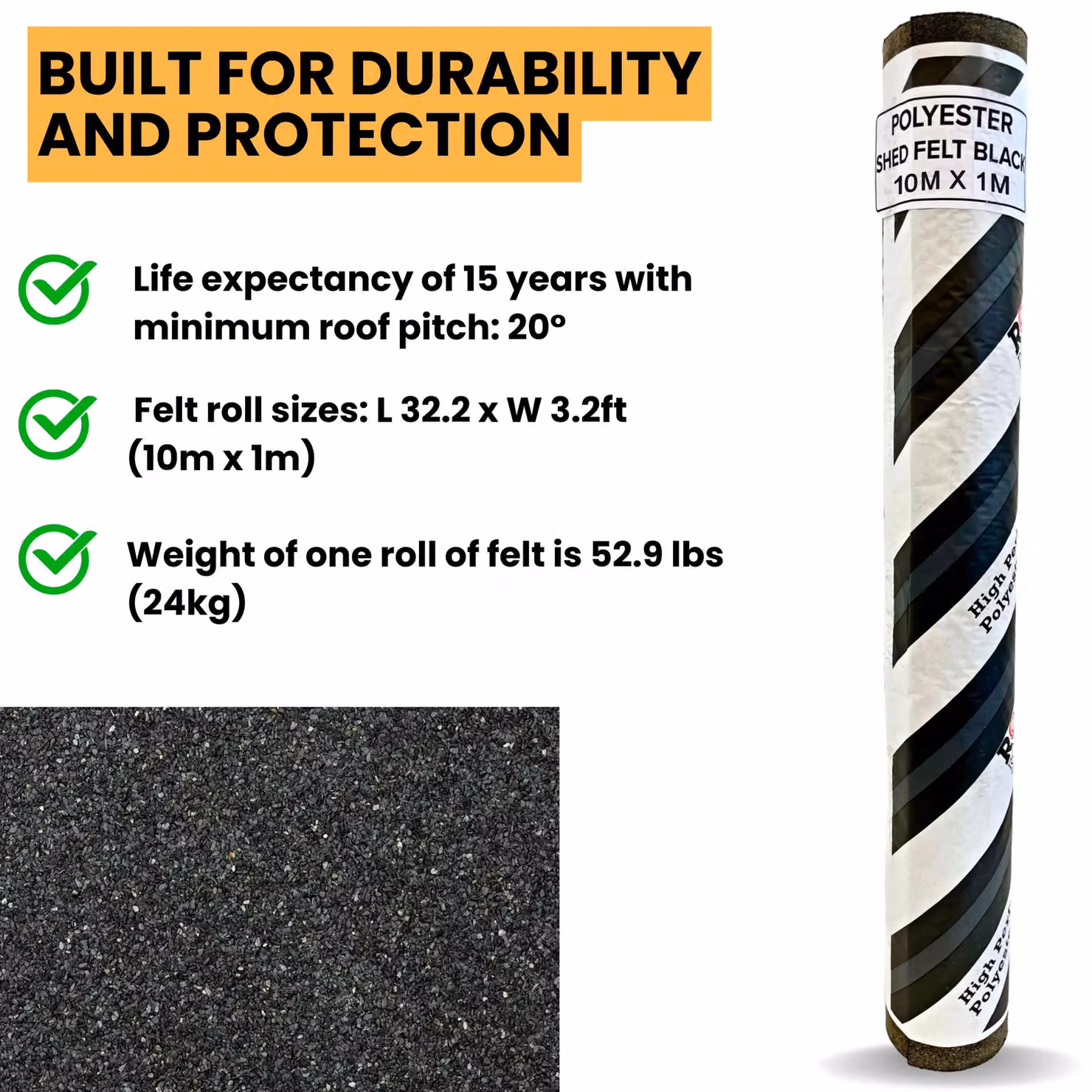 Novecrafto Heavy-Duty Polyester Shed Roofing Felt, Black, W: 1 m, L: 10 m – 3