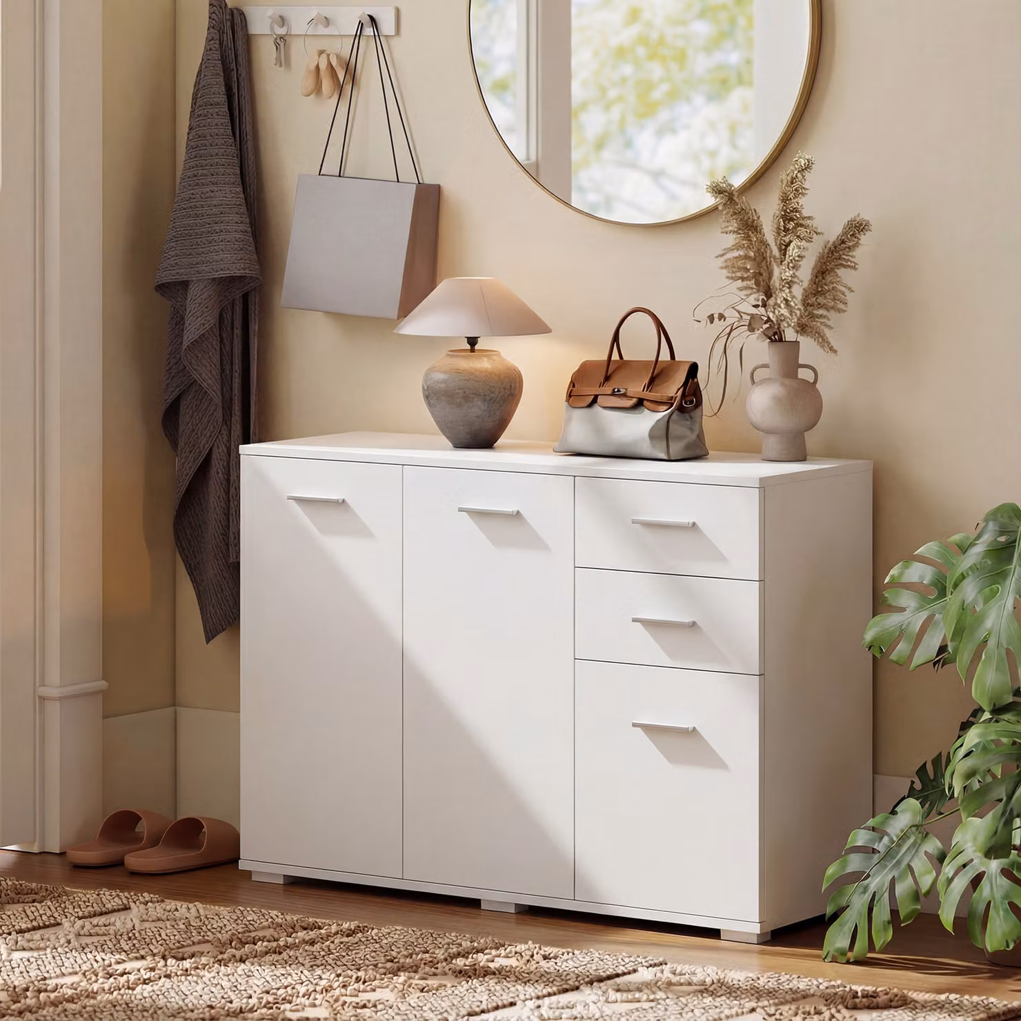 HOMCOM Modern White Sideboard Storage Cabinet with 2 Drawers, 3 Doors and Adjustable Shelves – 4