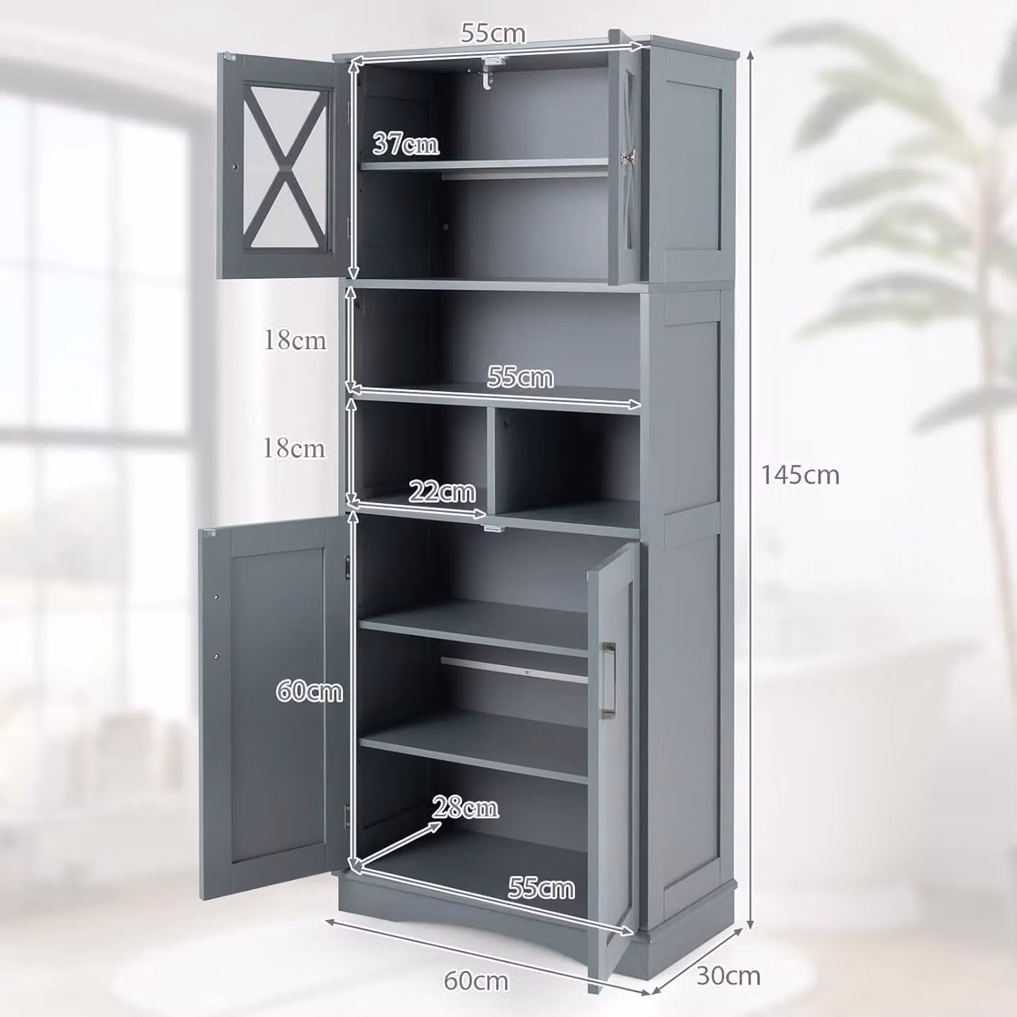 Gymax Tall Grey Bathroom Cabinet with Acrylic Glass Doors and Adjustable Internal Shelves – 3