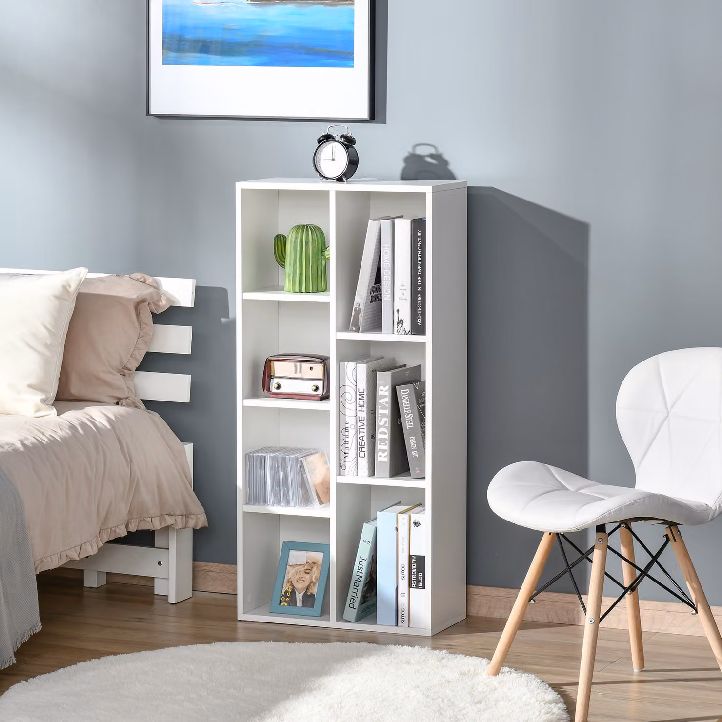 HOMCOM Seven-Cube Freestanding Bookcase in White Matt Wood Effect – 3