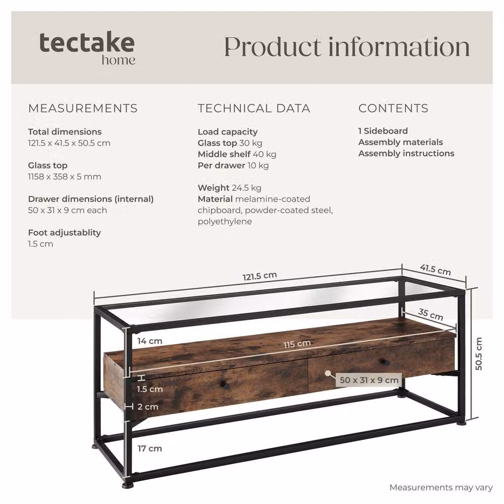 tectake Maidenhead Sideboard in Brown with Safety Glass Tabletop and 2 Large Drawers – 6