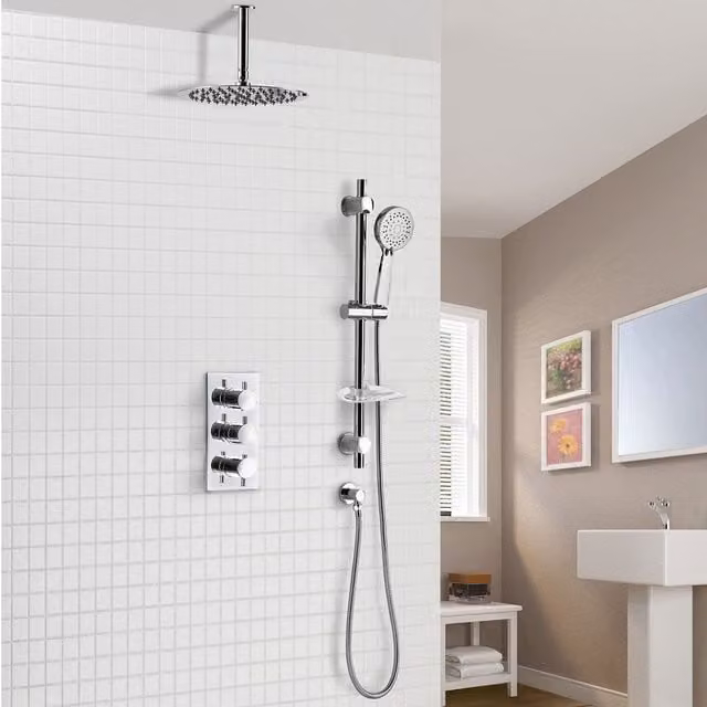 Nes Home Calla 2 Way Slim Round Concealed Thermostatic Bathroom Shower Rail Head in Silver