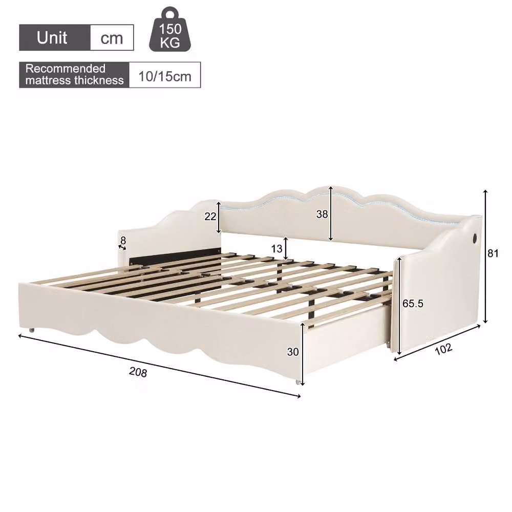 Rolipo Beige Velvet Extendable Daybed with LED Lighting, USB Ports and Side Compartments, W/D/H: 180 x 200 x 190 cm – 3