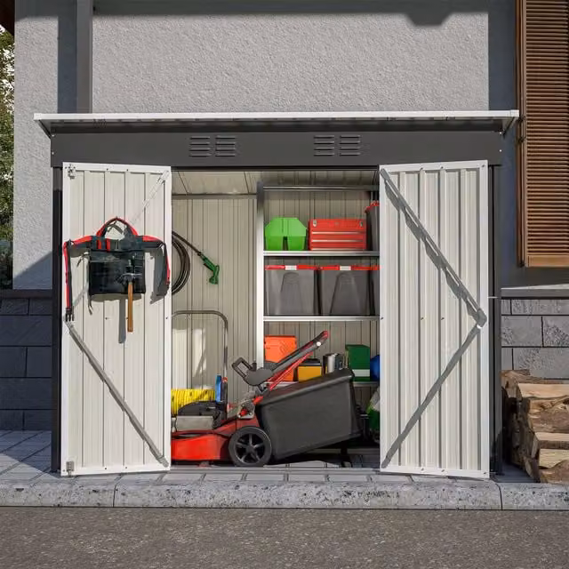 BIRCHTREE Modern Pent Metal Garden Shed with Double Doors in Anthracite and White