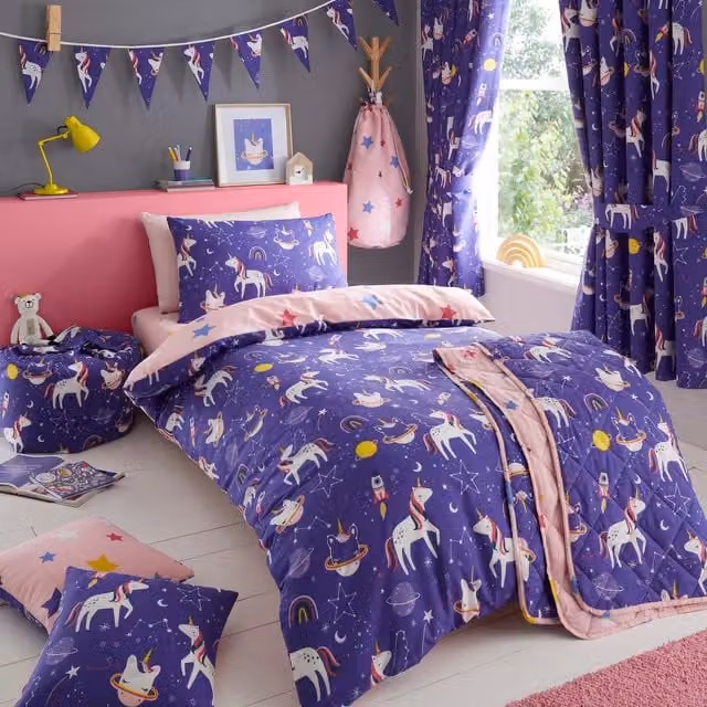 Happy Linen Company Reversible Purple Animal Graphic Kids Duvet Cover and Pillowcase Set, Duvet Cover: 200 x 200 cm, Pillowcase: 50 x 75 cm