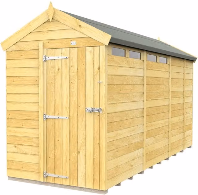 Buttercup Farm Apex Security Wooden Shed with Single Door in Brown, W: 147 cm, D: 387 cm, H: 217 cm