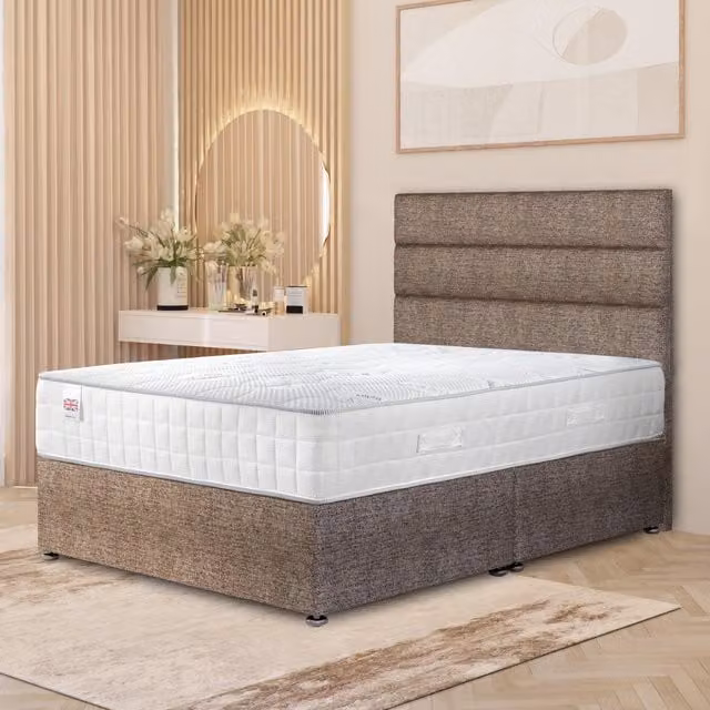 Horizona Tweed Super King Divan Bed Set with Pocket Spring Hybrid Mattress and Floor Standing Headboard in Brown