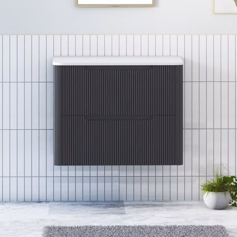 Royal Bathrooms Avenza Wall Hung Vanity Unit with 2 Drawers, Matt Obsidian Black and Plain White Worktop, Width: 60 cm