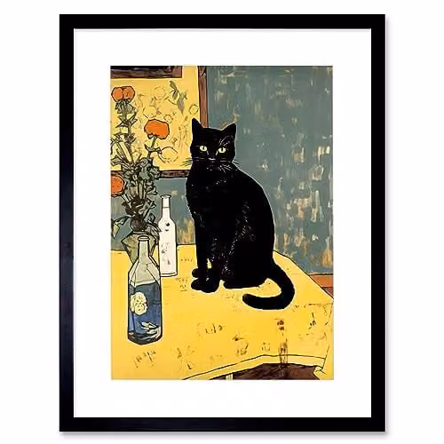 Artery8 Black Cat on Yellow Table Floral Oil Painting Style Framed Wall Art Print
