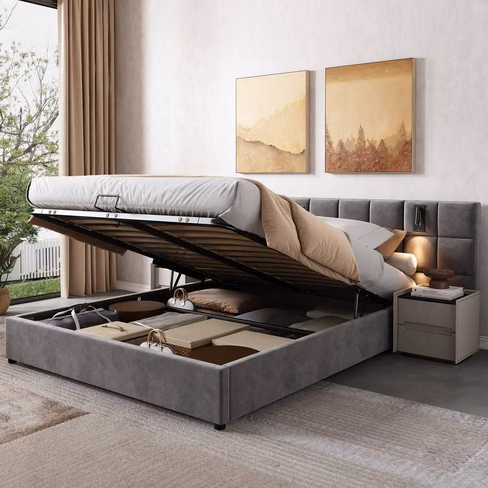 Rolipo Grey Velvet Double Bed with Hydraulic Storage, USB Charging Port and Integrated Reading Light – 2