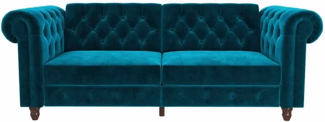 Felix Chesterfield Click-Clack Sofa Bed in Petrol Turquoise Velvet, W/D/H: 140 x 190 cm