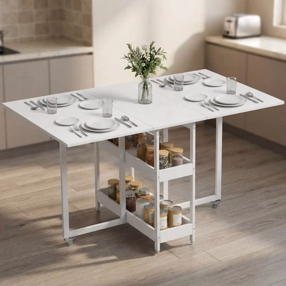 VOGREX White 4-Seater Modern Folding Drop-Leaf Dining Table with Castors, W/D/H: 133.4 x 50.2 x 75 cm – 2