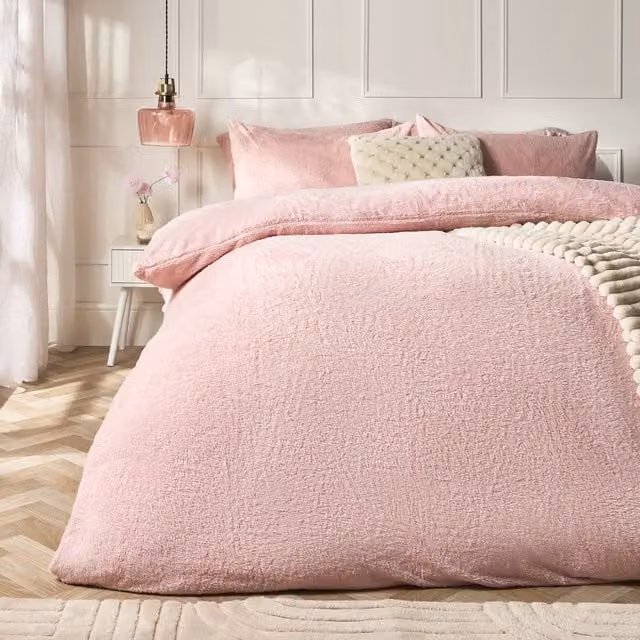 OHS Thermal Soft Teddy Fleece Duvet Cover and Pillowcase Set in Pink, Single Size (90 x 200 cm)