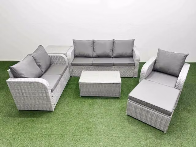 Fimous Patio 7 Seater Grey Rattan Outdoor Furniture Set with Coffee Table, 3 Seater Sofa, 2 Seater Sofa and Reclining Chairs