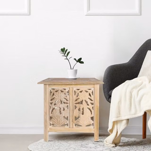 Topfurnishing Square Carved Mango Wood Coffee Table and Bedside End Table in Antique Brown with Floral Details, W/D/H: 54 x 54 x 54 cm