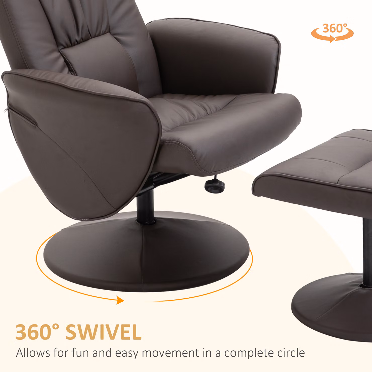 HOMCOM Executive Recliner Chair with Footstool, Brown Synthetic Leather High Back Armchair with 360 Degree Swivel and Manual Lever Recline – 5