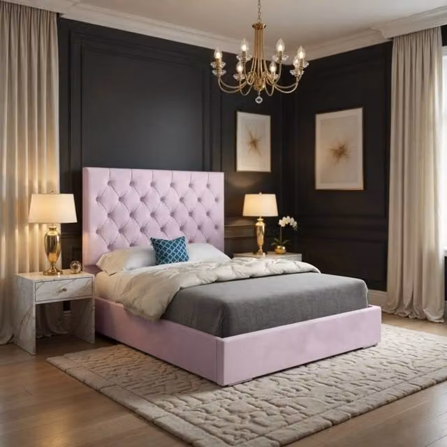 KDMD Fikston Chesterfield Upholstered Velvet Designer Bed Frame, Pink, W/D/H: 90 x 190 x 137 cm