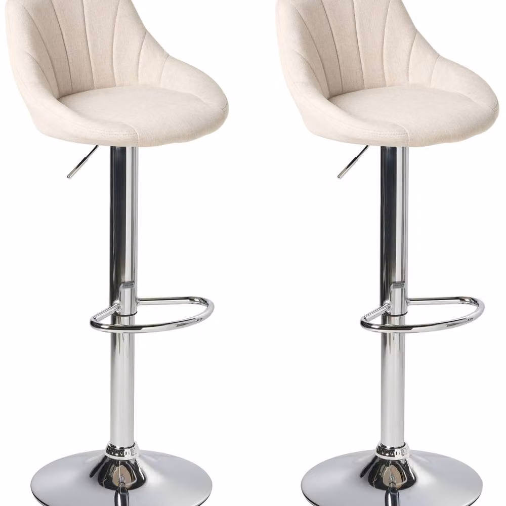 Wyld and Coco Set of 2 Modern Swivel Bar Stools in Light Beige Fabric with Silver Metal Base – 2