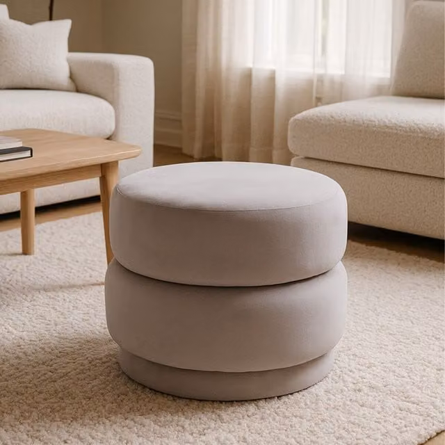 Orsina Grey Velvet Round Footstool with Tufted Details, Diameter: 60 cm, Height: 46 cm