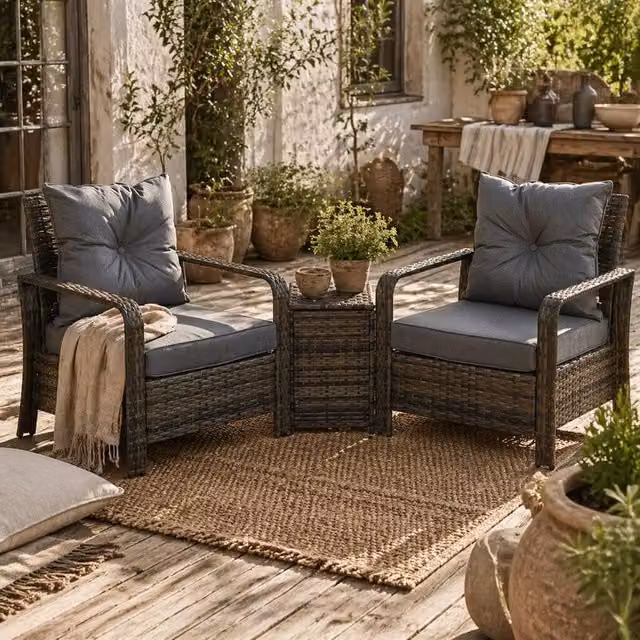 Wyld Haus Ziha 3 Piece Grey Rattan Bistro Set with 2 Cushioned Armchairs and 72L Storage – 1