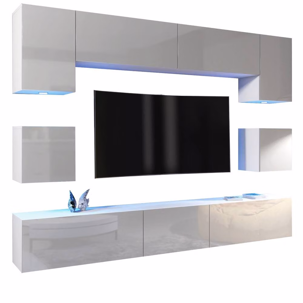 Creative Furniture Panorama Wall TV Unit with Integrated LED Lighting in White, Grey and Multicolour Glossy Finish – 4