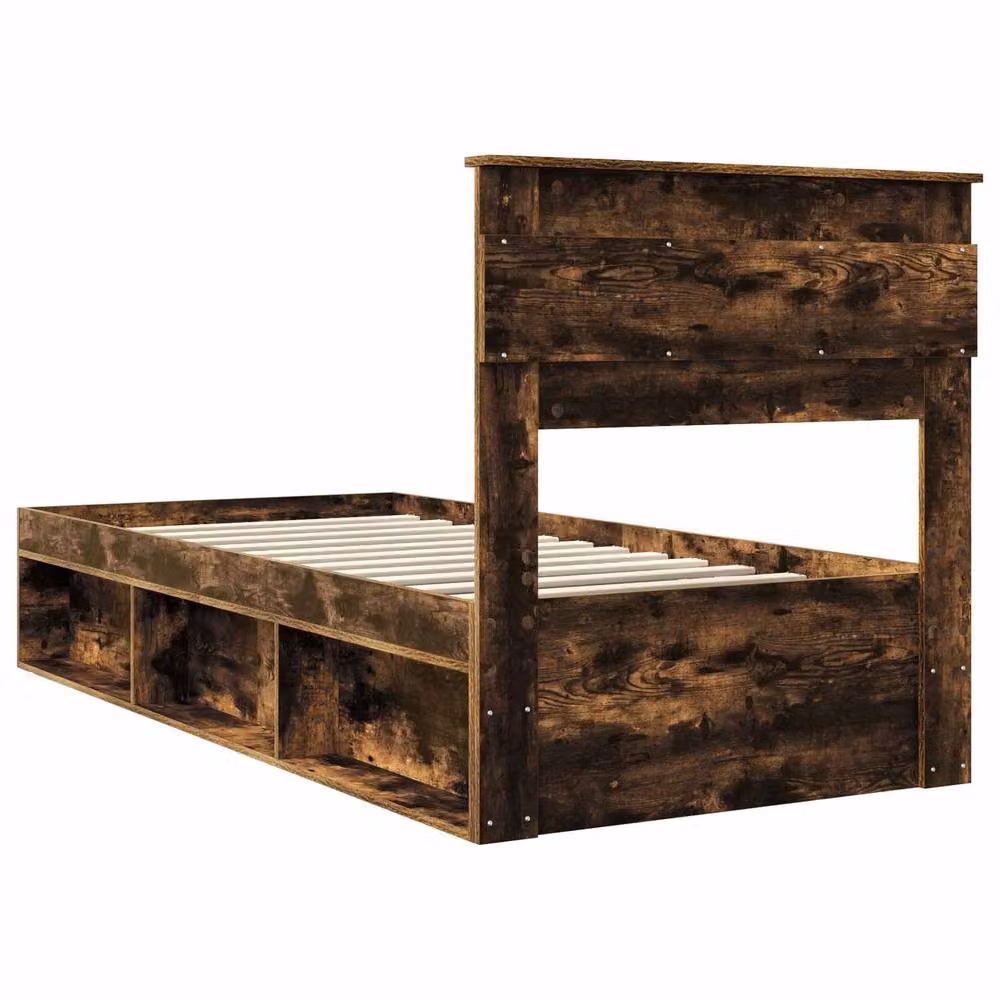 Berkfield Home Bed Frame with Storage in Smoked Oak and Brown Solid Pine Wood, W/D/H: 100 x 200 cm – 4
