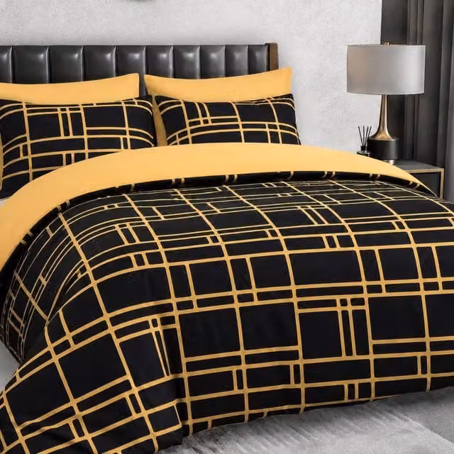 Pamposh Luxury Reversible Art Deco Microfibre Duvet Cover and Pillowcase Set in Gold and Black, W: 140 cm, L: 200 cm