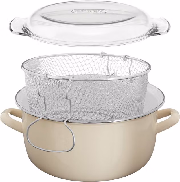 Orsina Enamel Deep Fryer with Basket and Lid in Grey, White or Beige, W/D/H: 33.0 x 27.0 x 16.0 cm