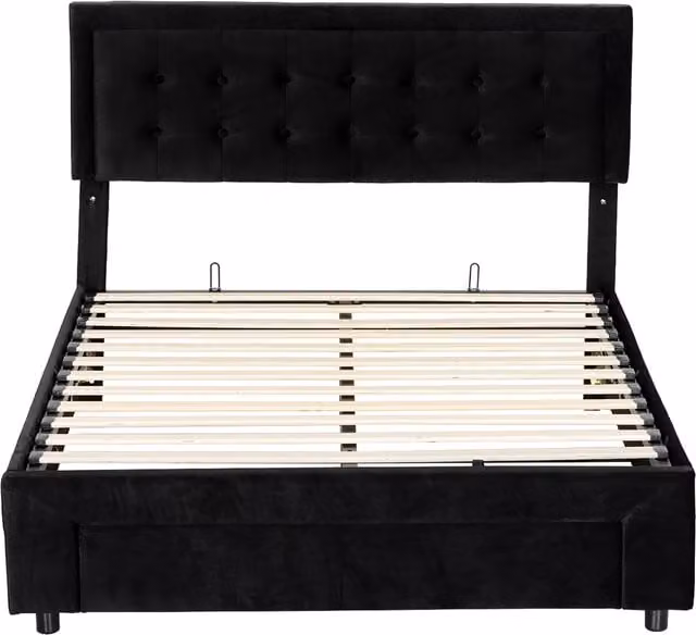 HOMCOM King Size Velvet Ottoman Bed Frame with Lift Up Base and Front Drawer, Black, W/D/H: 180 x 200 x 157.5 cm – 1