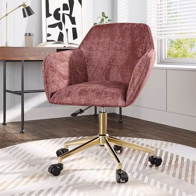 Komore Modern Pink Velvet Upholstered Swivel Task Chair with Gold Base