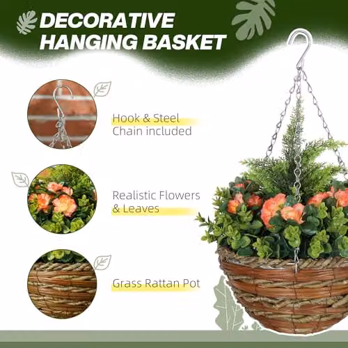 Outsunny Pack of 2 Orange Lisianthus Hanging Baskets with Realistic PE Rattan – 3