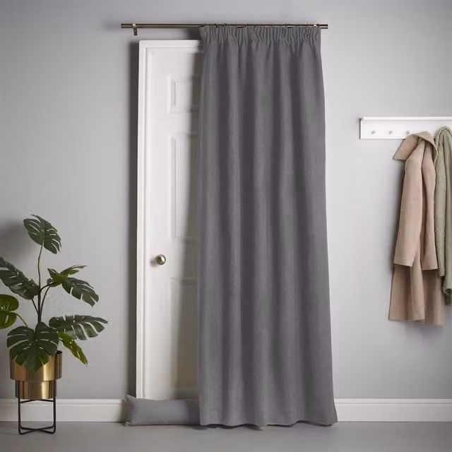 Livinluxury Grey Velvet Chenille Thermal Blackout Pencil Pleat Taped Top Door Curtain