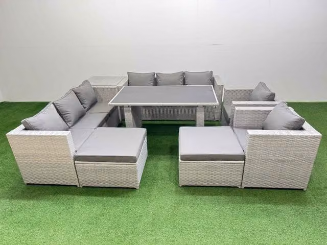 Fimous 10 Seater Outdoor Dining Set with 3 Seater Sofa and 2 Large Stools in Light Grey