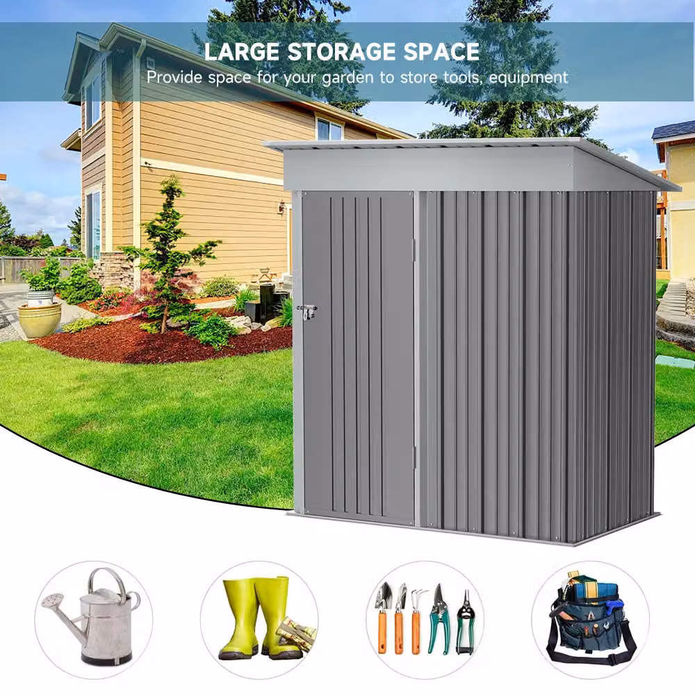 Living and Home Grey Metal Pent Garden Storage Shed with Lockable Door, W/D/H: 152.4 x 91.44 x 181.0 cm – 3