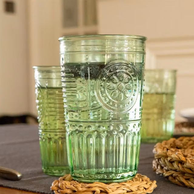 Bormioli Rocco Romantic Floral Green Highball Tumbler Glasses, 340ml, Set of 4