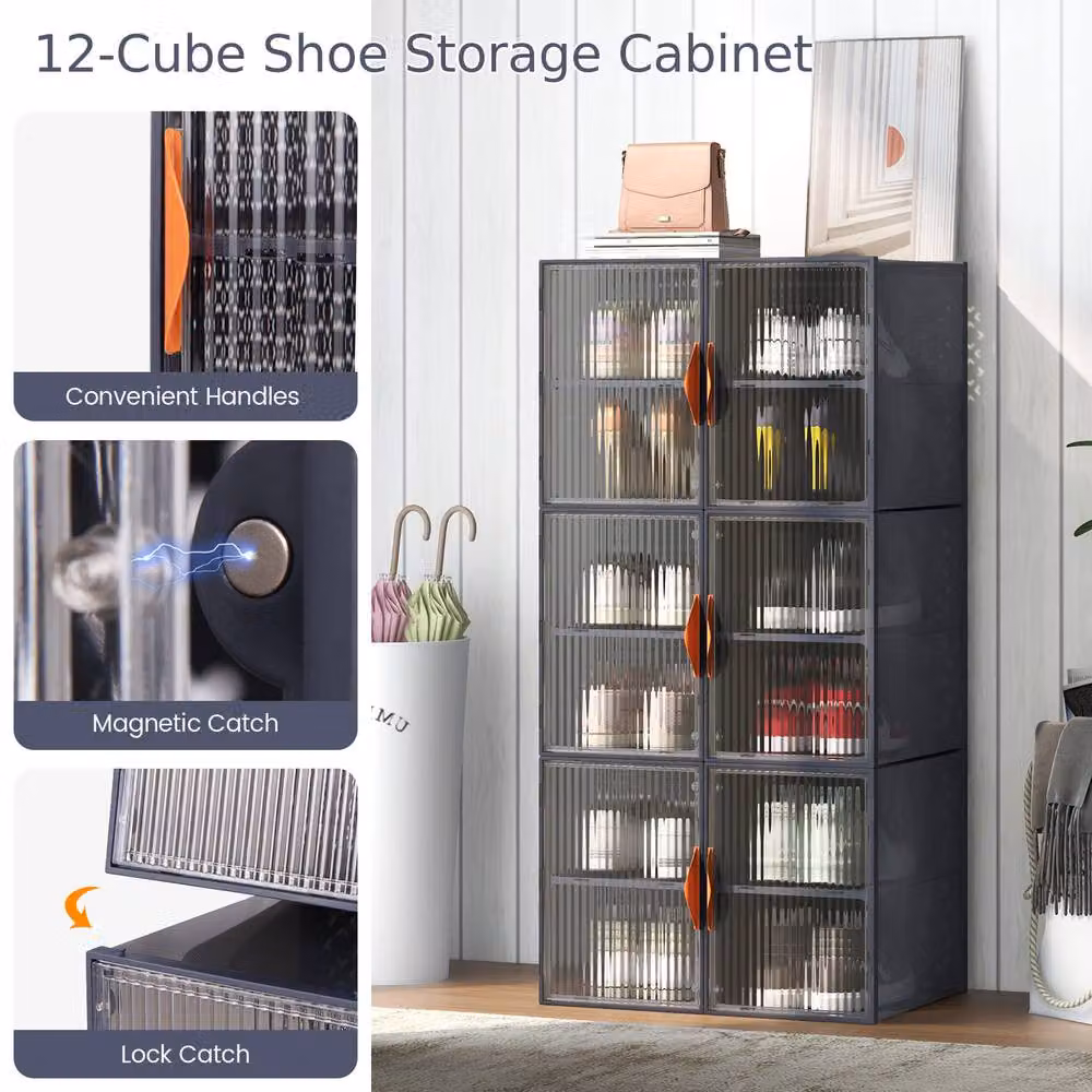 Costway 6 Pack Stackable Shoe Storage Boxes, 12-Grid Grey and Transparent Plastic Storage Bins – 8
