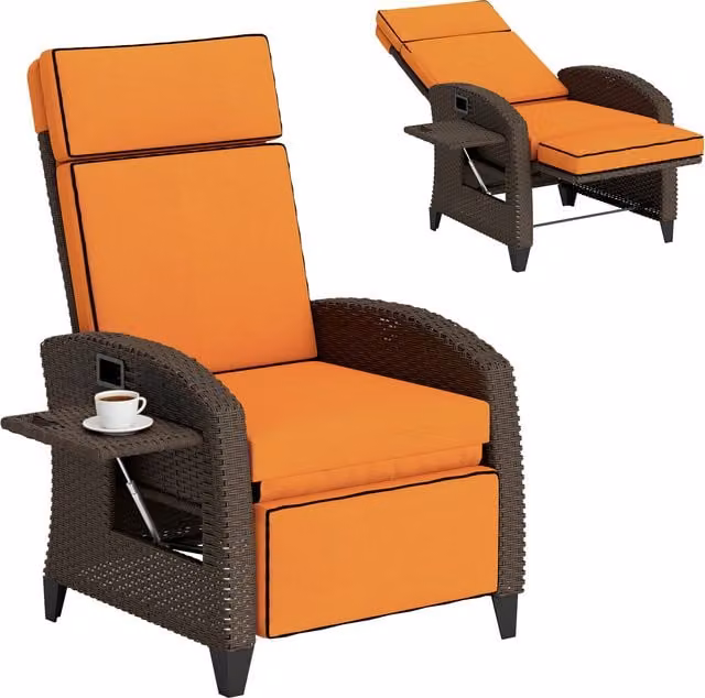 Outsunny Orange PE Rattan Relax Recliner Chair with Ottoman and Side Tray
