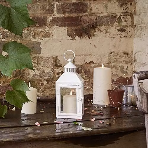Lights4fun White Metal Tabletop Garden Lantern with TruGlow LED Candle, Height: 26 cm – 3