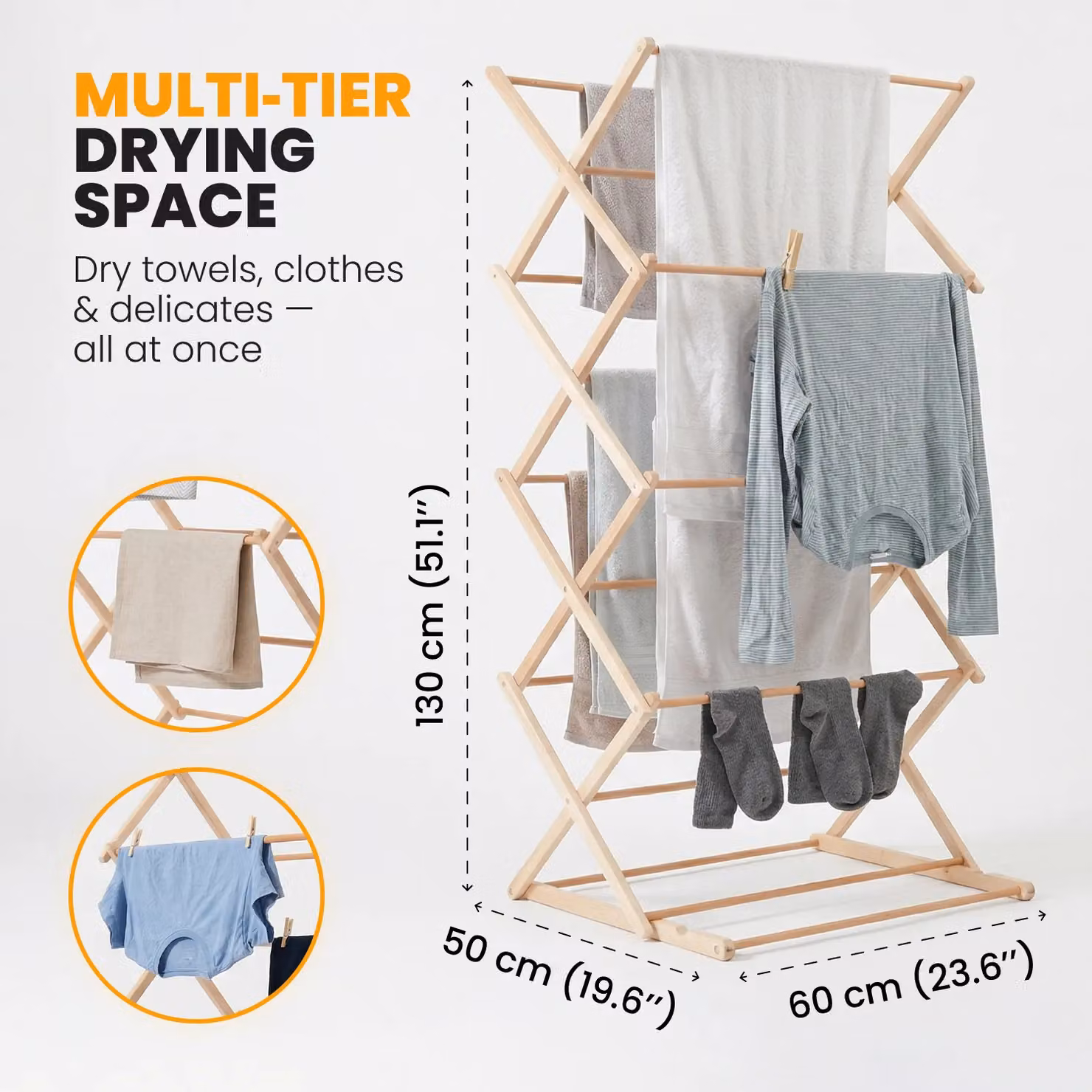 Novecrafto Foldable Wooden Clothes Airer in Brown, W/D/H: 130 x 60 x 50 cm – 3
