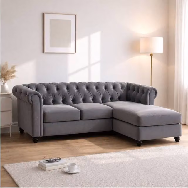 Sofaya Hampton 3 Seater L Shape Chesterfield Sofa in Grey Velvet with Right Hand Chaise – 1