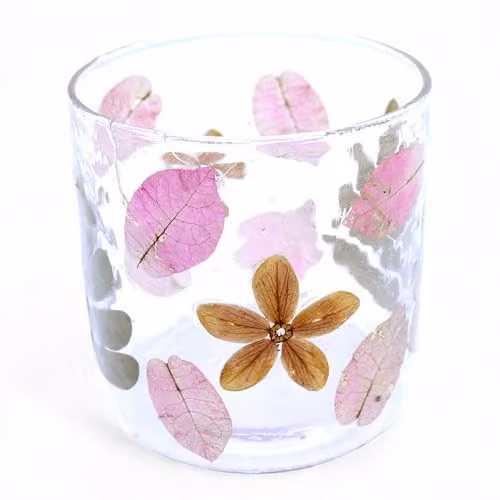 Serenityy Primavera Collection Natural Floral Glass Candle Holder in Pink and Gold, W/D/H: 8 x 8 x 8 cm – 1