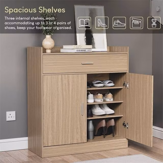 FORGEVIO Pine Shoe Rack Cabinet with 2 Doors and 1 Drawer in Natural Brown – 1