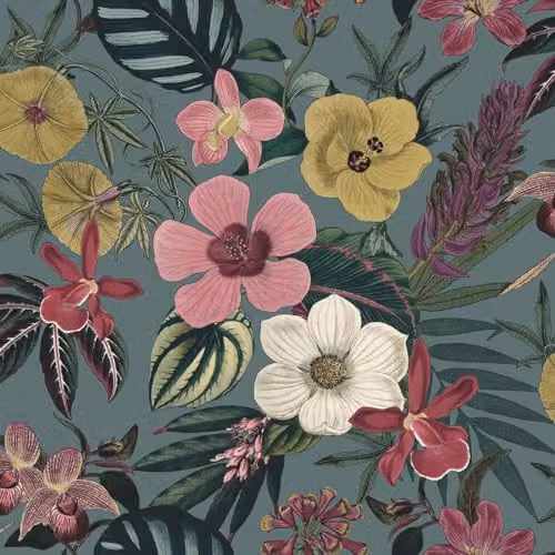 Rasch Priya Large Scaled Oriental Floral Wallpaper in Petrol Green and Colourful Blossoms