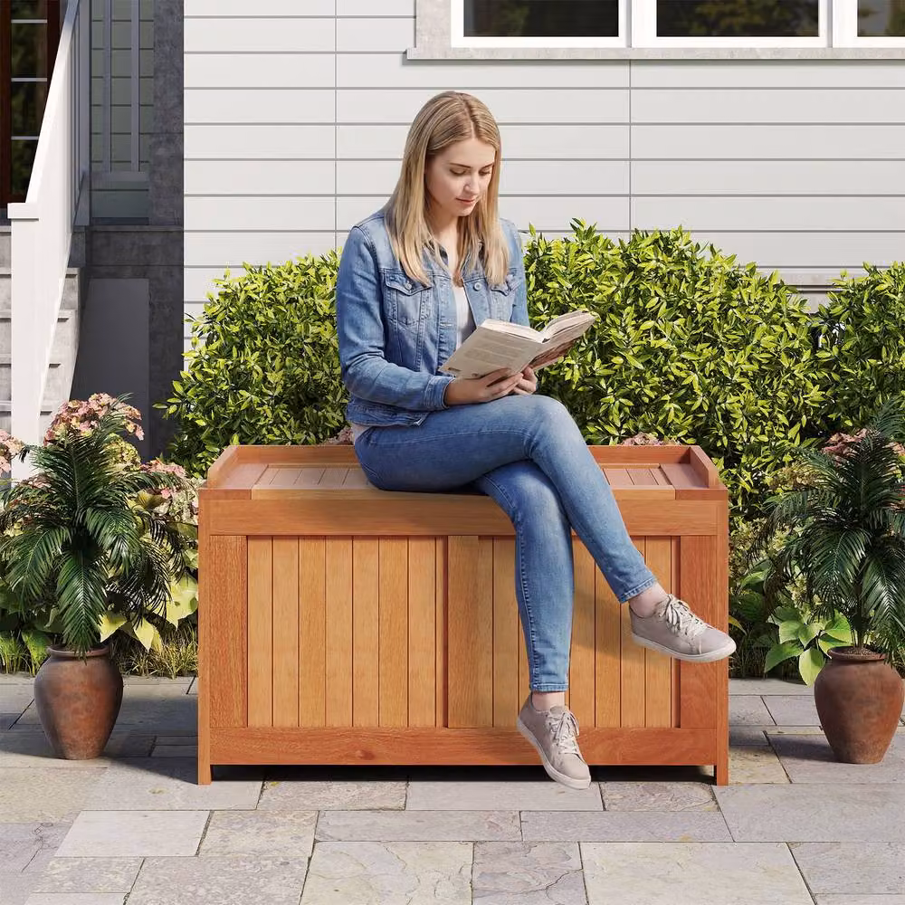 Gymax 190 L Brown Teak Wood Patio Storage Bench Flip Top Deck Box Outdoor Container Chest – 6